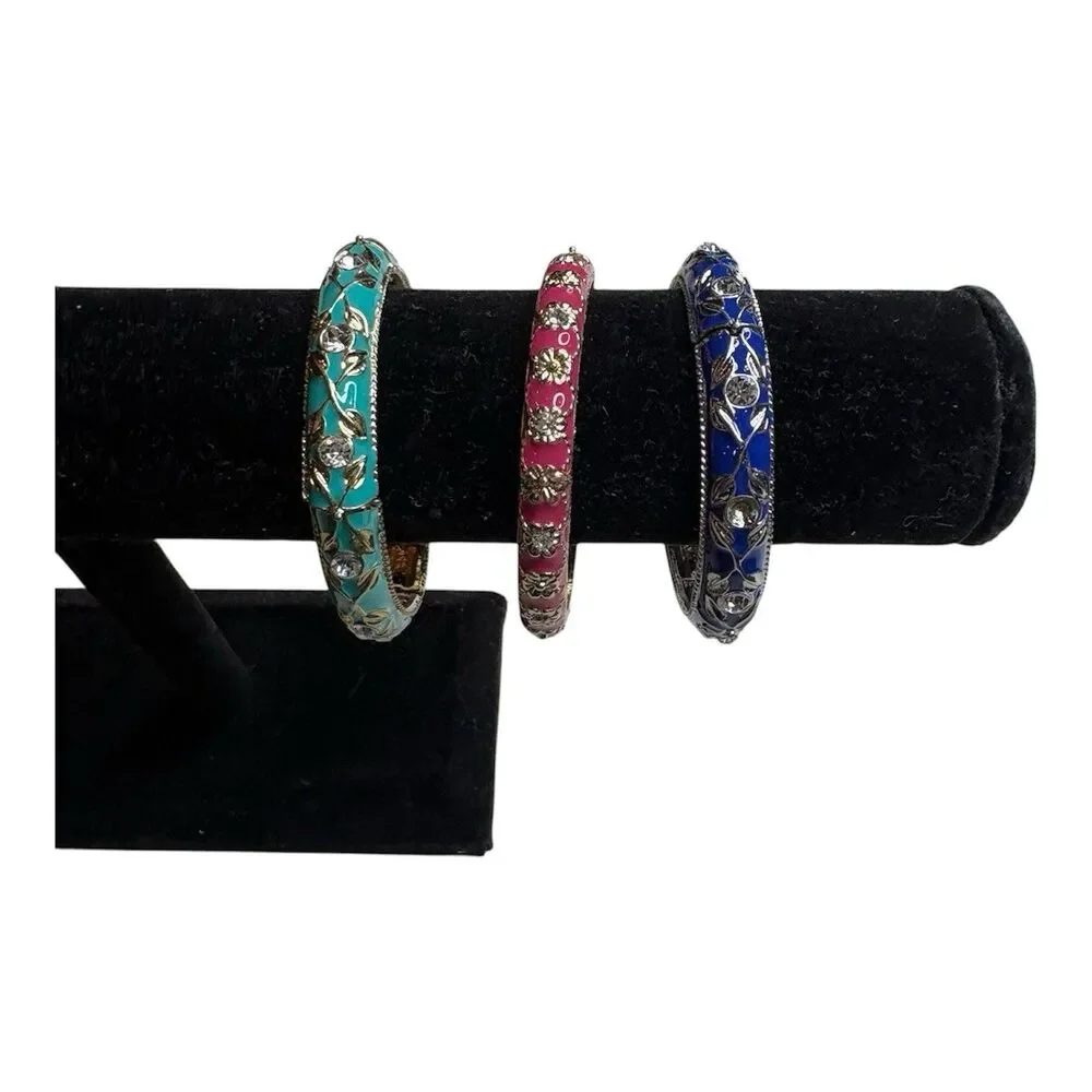Teal, Pink and Blue Enamel Hinged Bangle Bracelets Gold Tone Stretch